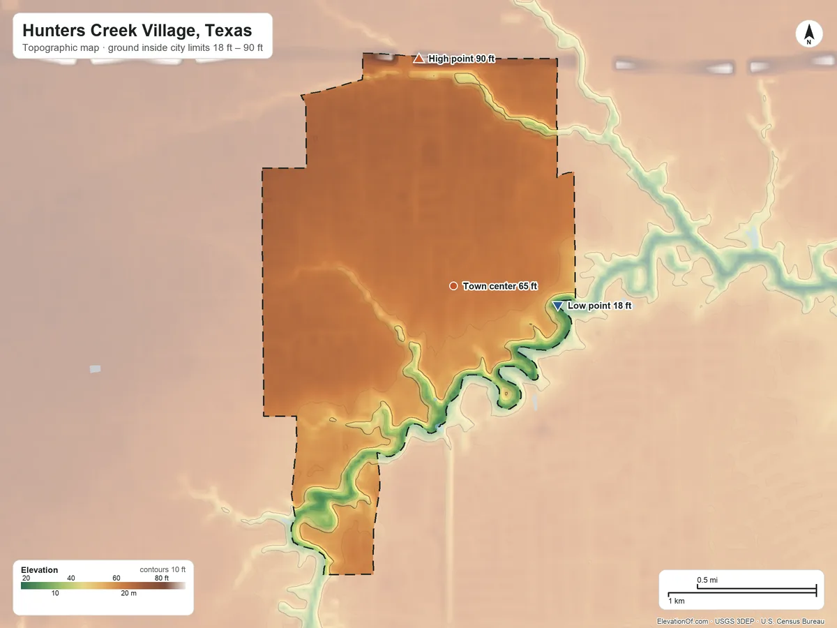 Topographic elevation map of Hunters Creek Village, Texas, shaded from 18 ft on the east side to 90 ft on the north side