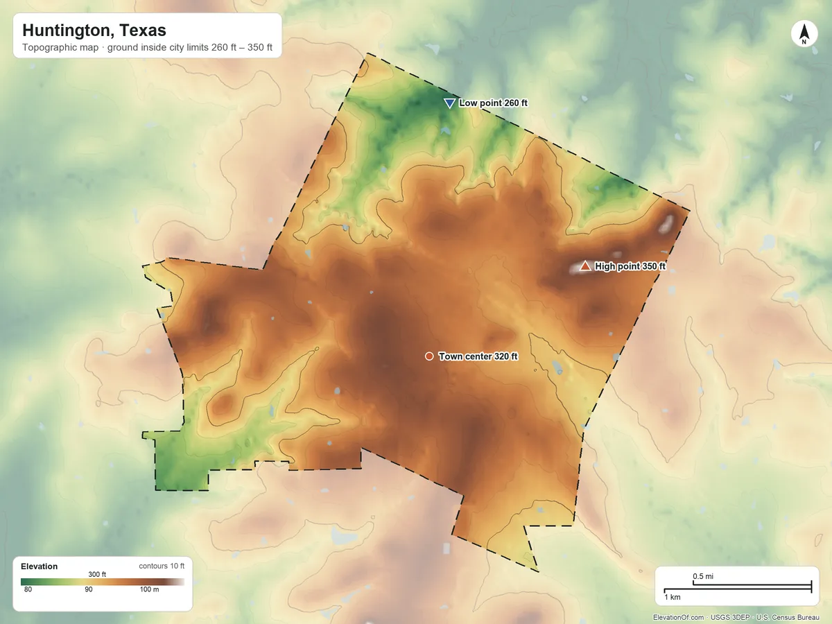 Topographic elevation map of Huntington, Texas, shaded from 260 ft on the north side to 350 ft on the northeast side