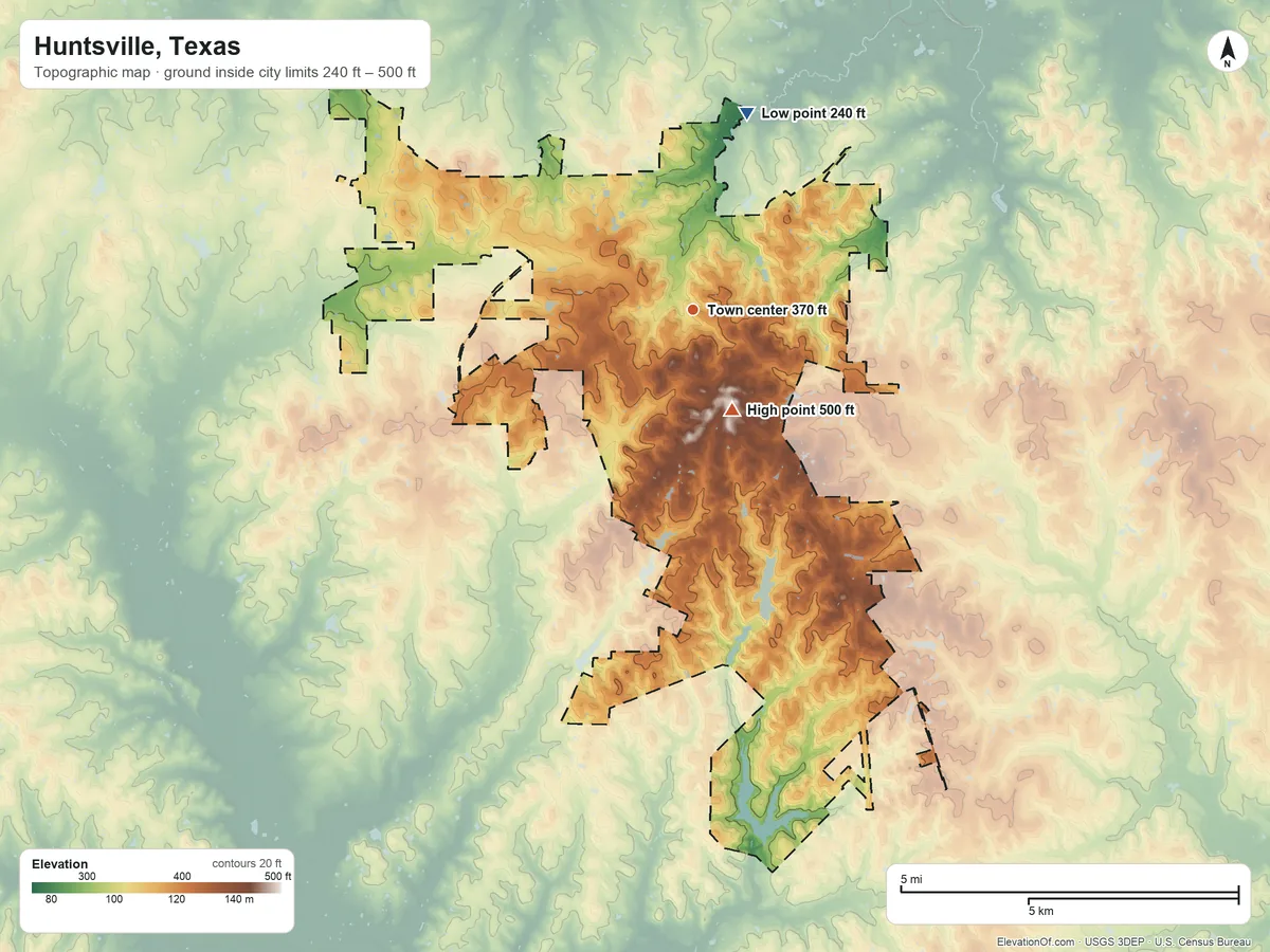 Topographic elevation map of Huntsville, Texas, shaded from 240 ft on the north side to 500 ft on the south side