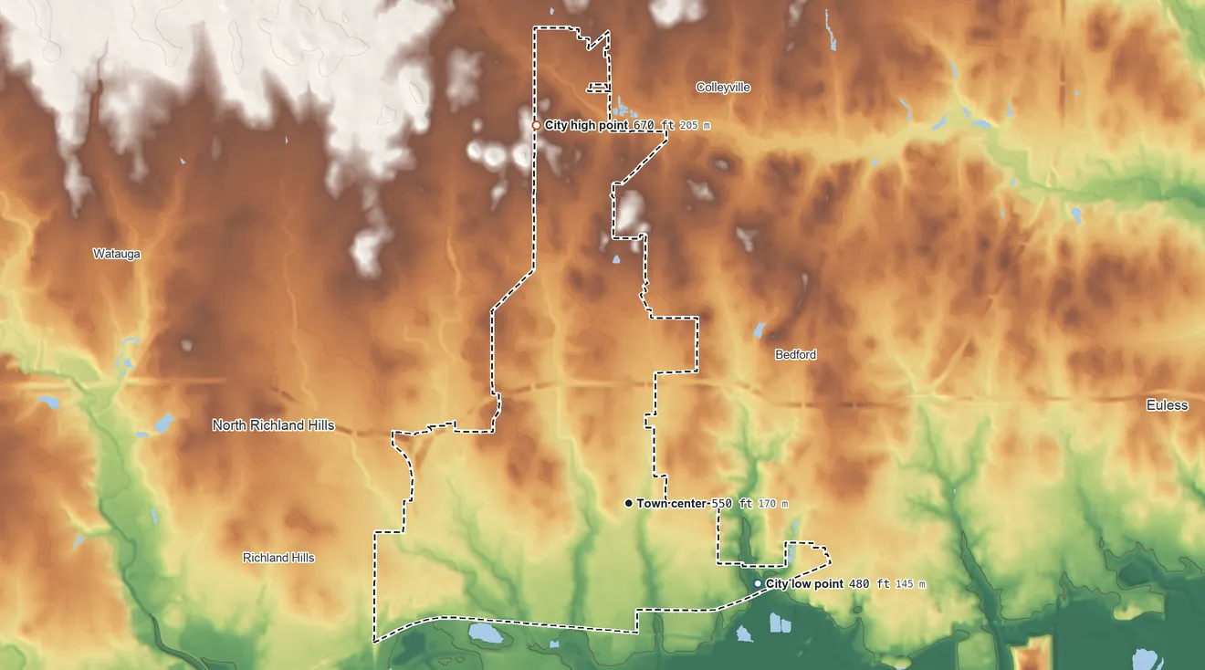 Topographic elevation map of Hurst, Texas, shaded from 480 ft on the southeast side to 670 ft on the north side