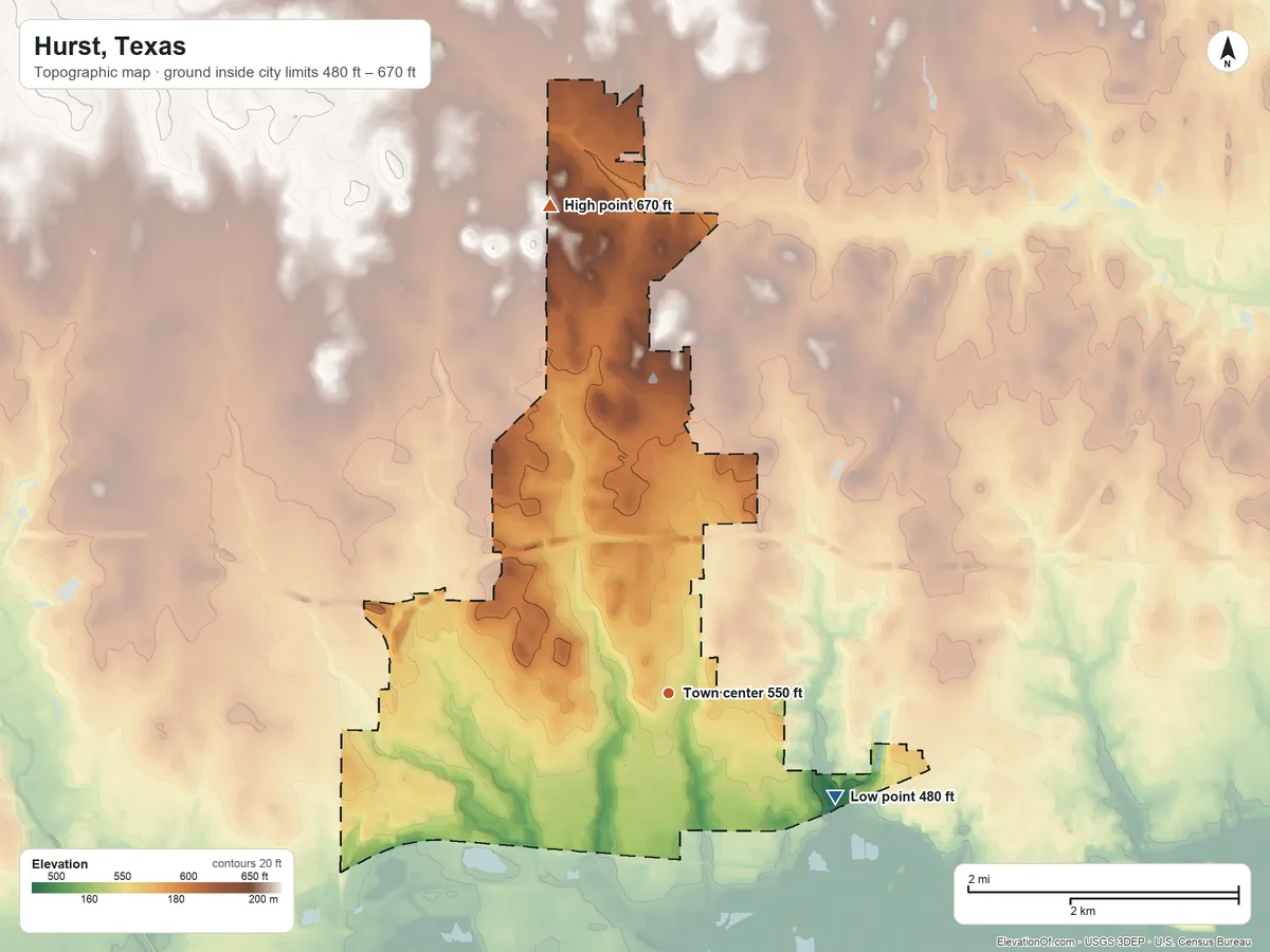 Topographic elevation map of Hurst, Texas, shaded from 480 ft on the southeast side to 670 ft on the north side