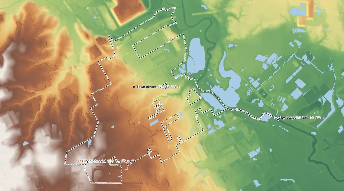 Topographic elevation map of Hutchins, Texas, shaded from 350 ft on the east side to 580 ft on the southwest side