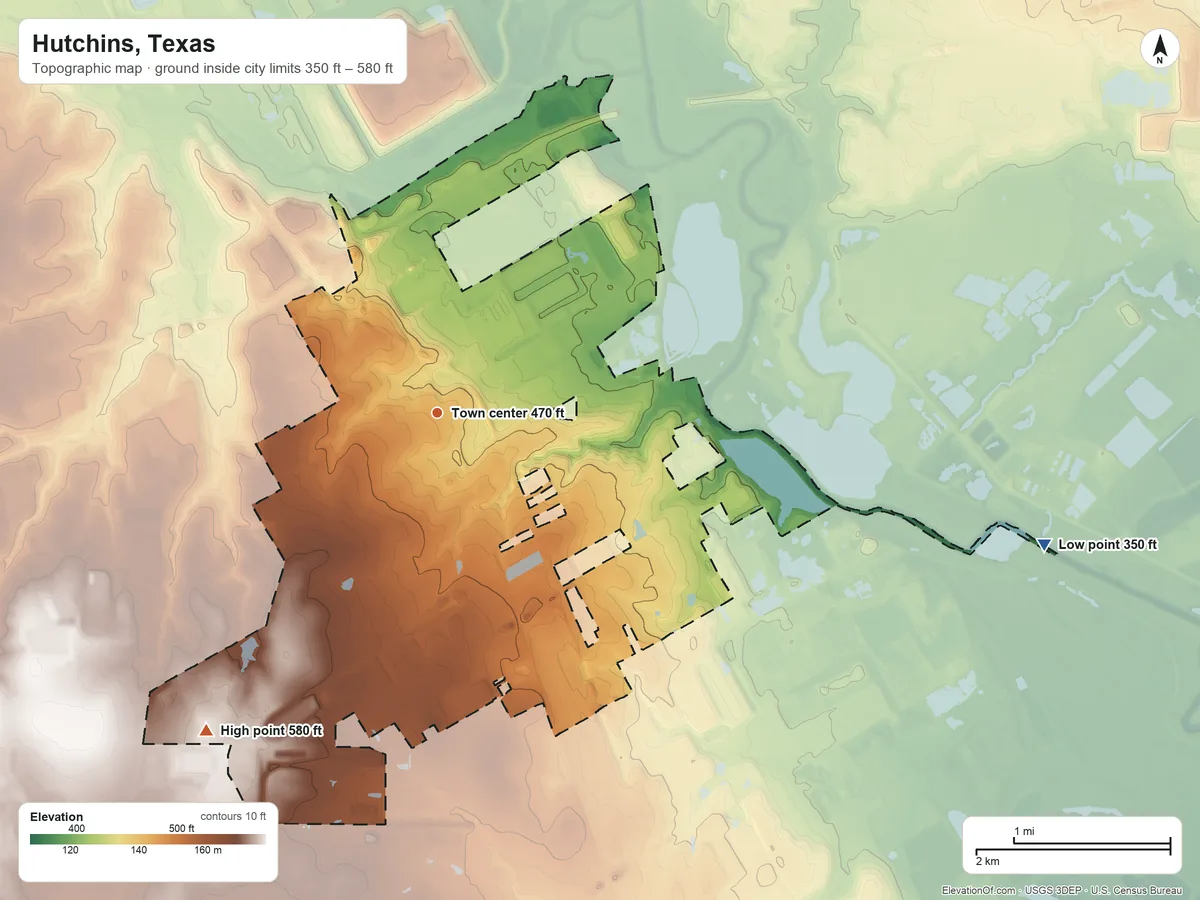 Topographic elevation map of Hutchins, Texas, shaded from 350 ft on the east side to 580 ft on the southwest side
