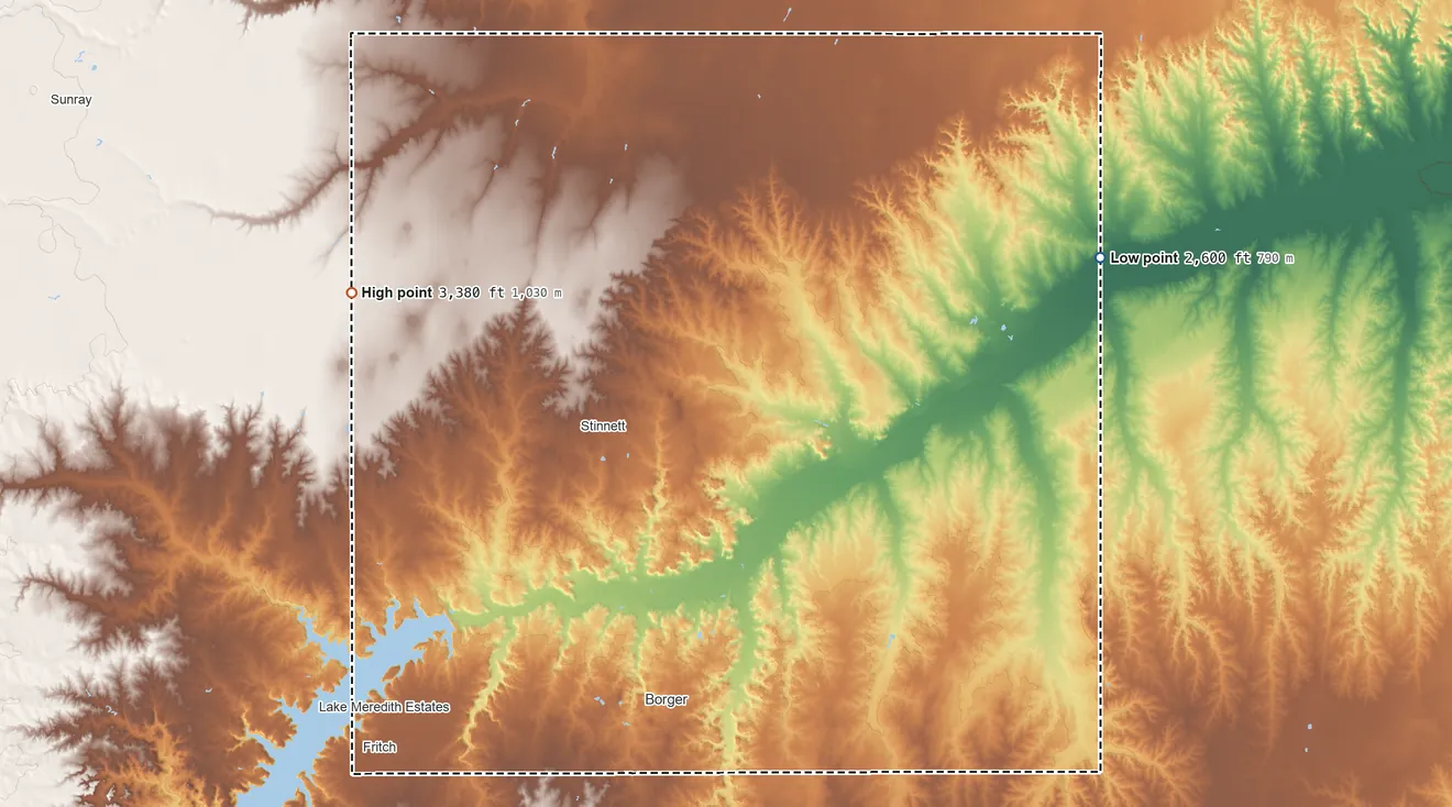Topographic elevation map of Hutchinson County, Texas, shaded from 2,600 ft on the east side to 3,380 ft on the west side
