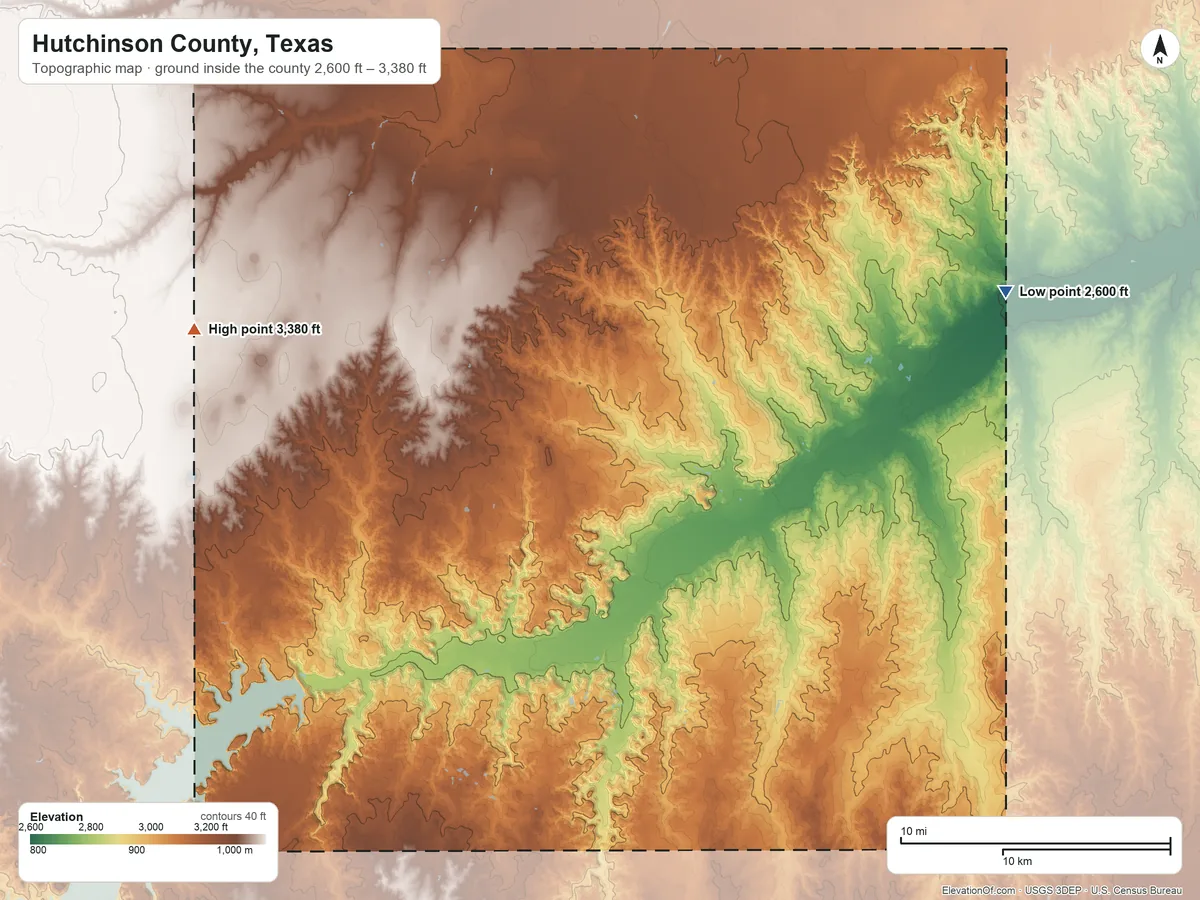Topographic elevation map of Hutchinson County, Texas, shaded from 2,600 ft on the east side to 3,380 ft on the west side