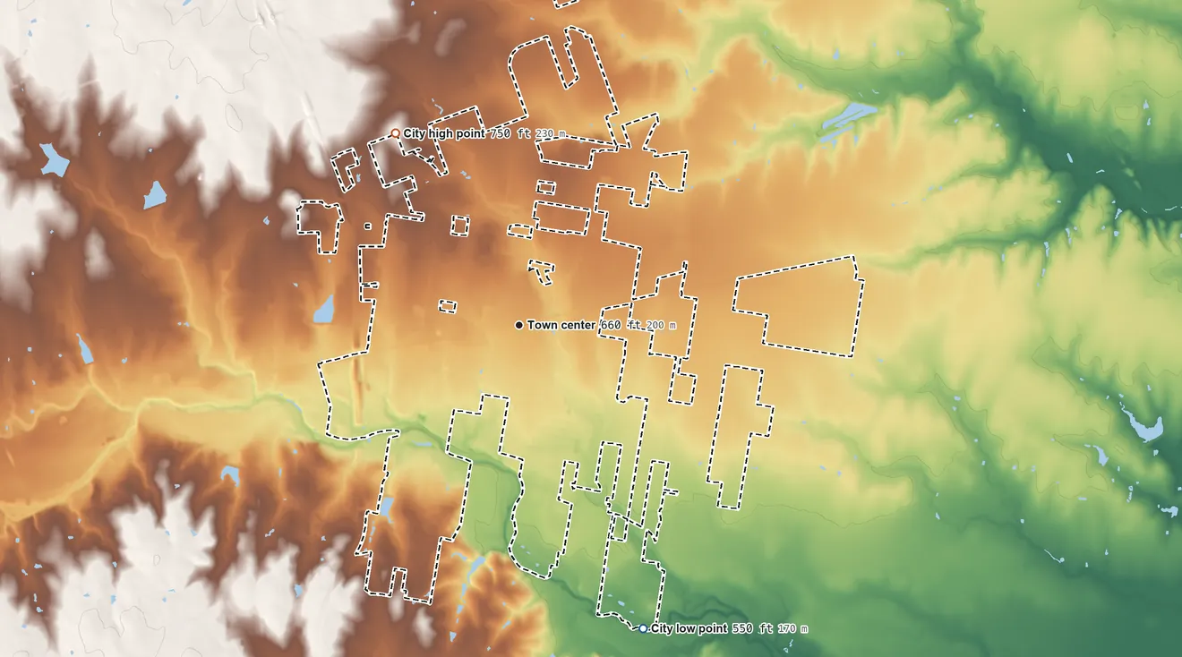 Topographic elevation map of Hutto, Texas, shaded from 550 ft on the south side to 750 ft on the northwest side