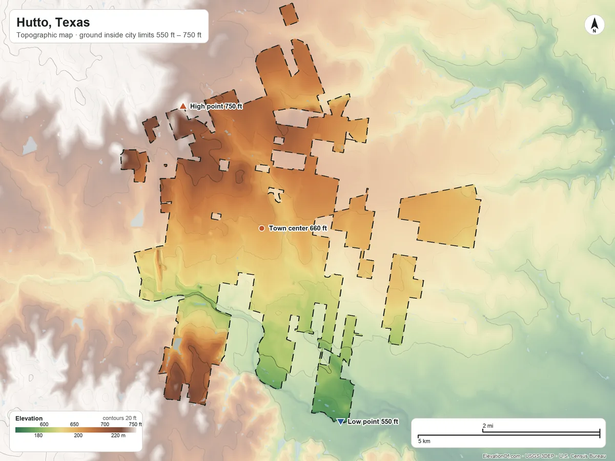 Topographic elevation map of Hutto, Texas, shaded from 550 ft on the south side to 750 ft on the northwest side