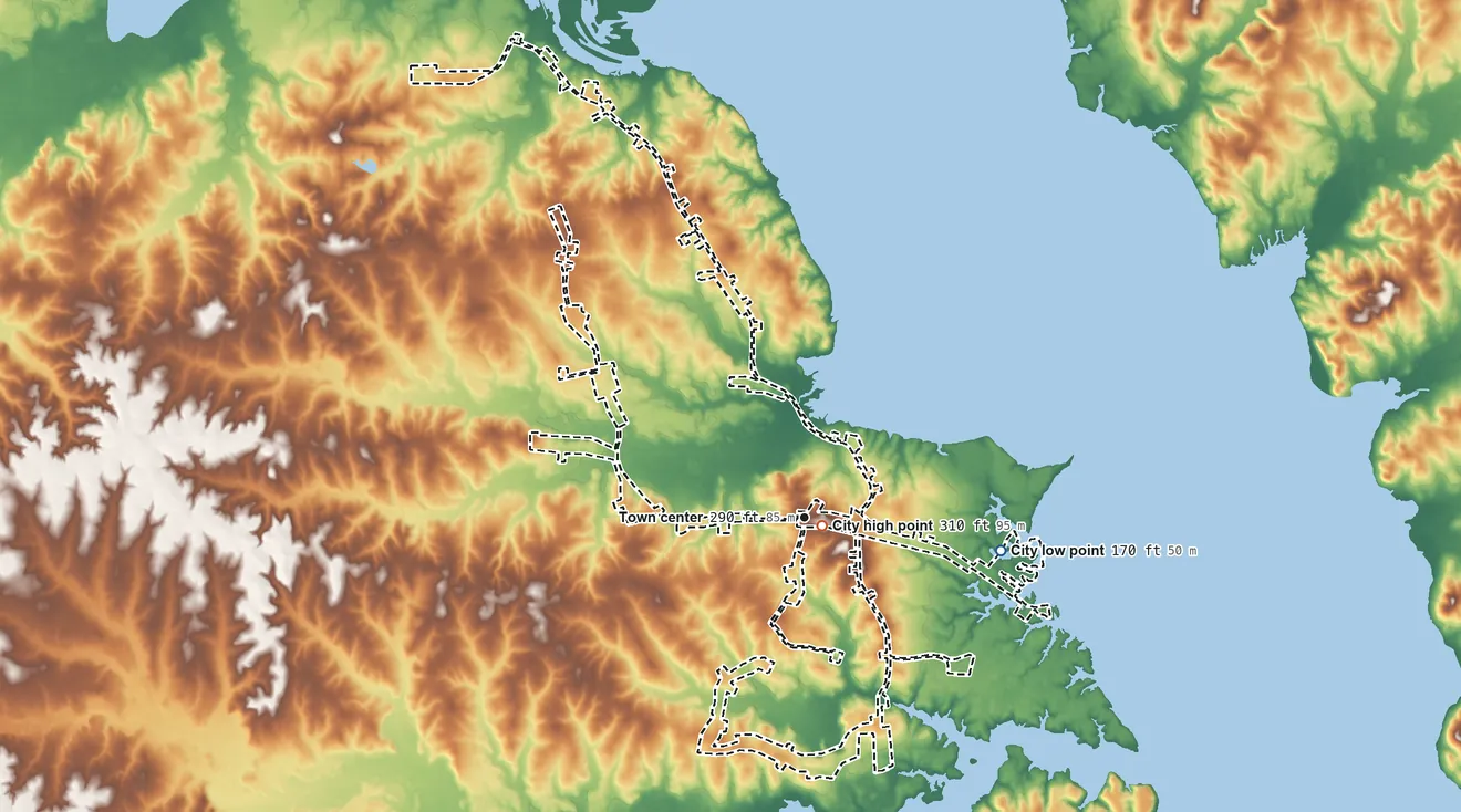 Topographic elevation map of Huxley, Texas, shaded from 170 ft on the east side to 310 ft near the middle