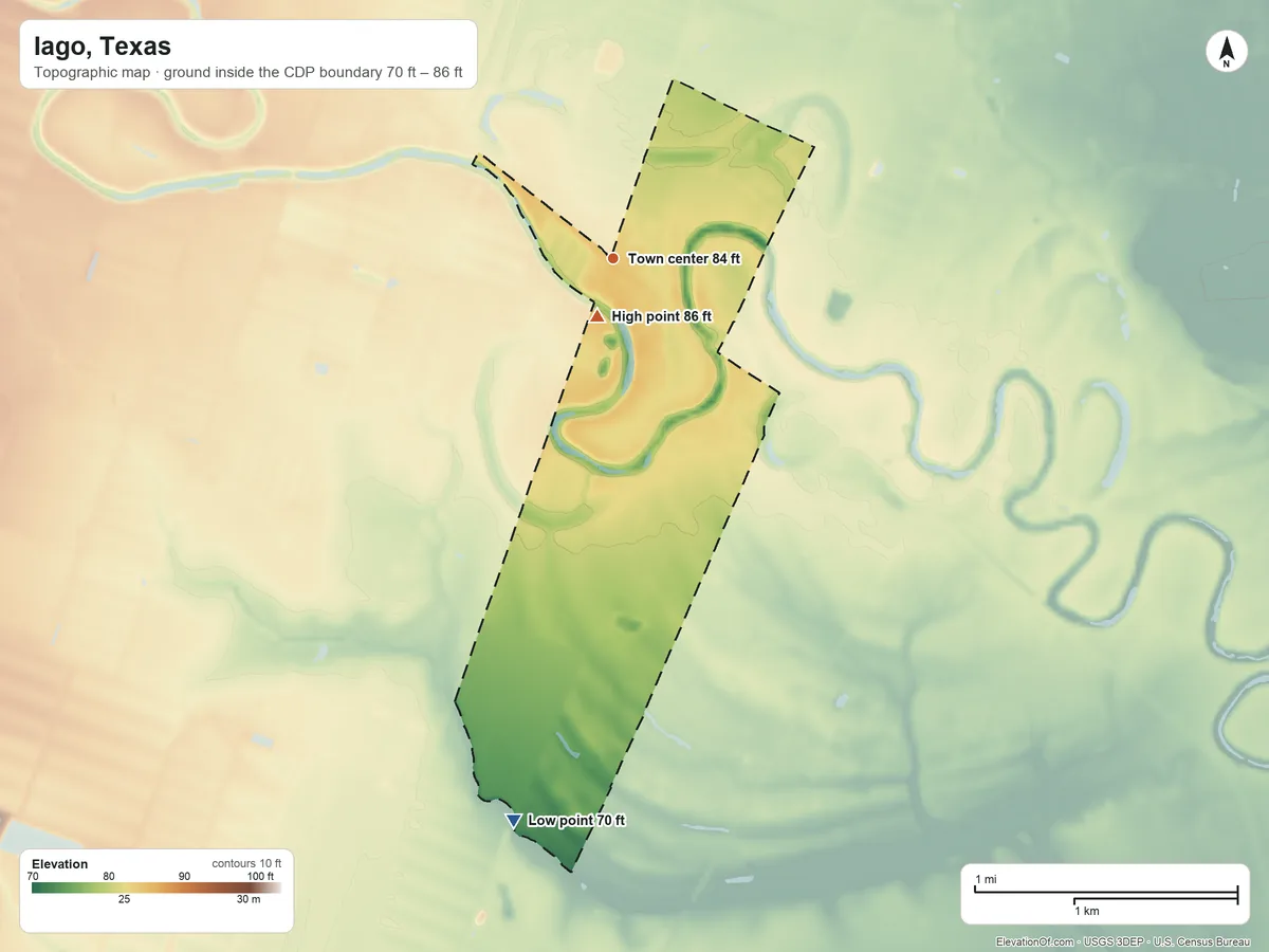 Topographic elevation map of Iago, Texas, shaded from 70 ft on the south side to 86 ft near the middle