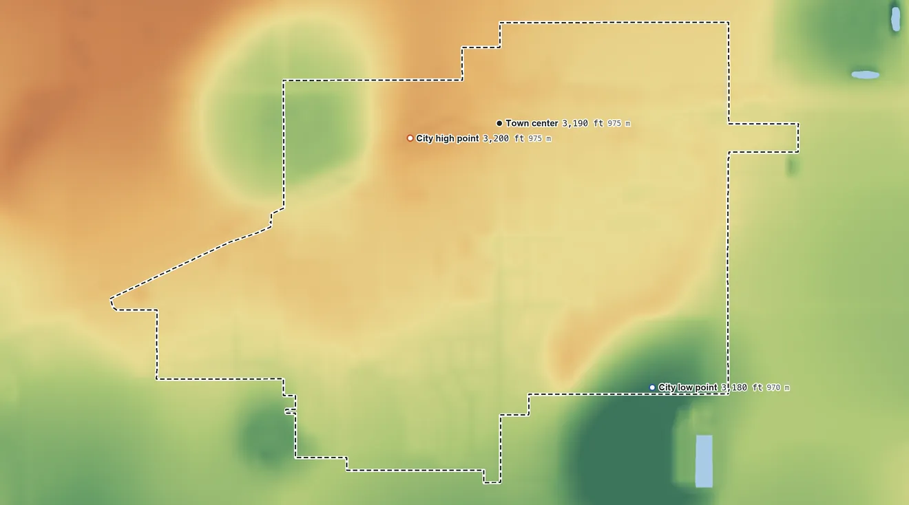 Topographic elevation map of Idalou, Texas, shaded from 3,180 ft on the southeast side to 3,200 ft on the west side