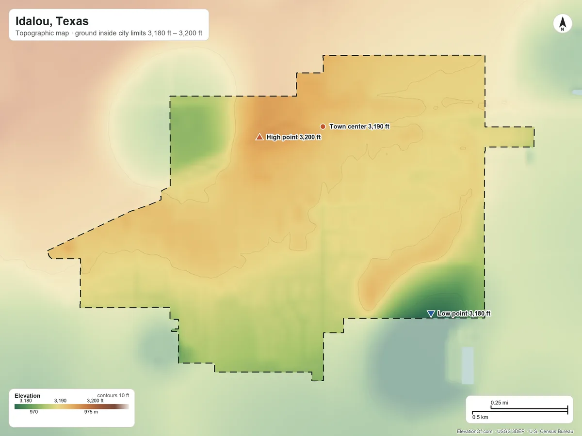 Topographic elevation map of Idalou, Texas, shaded from 3,180 ft on the southeast side to 3,200 ft on the west side