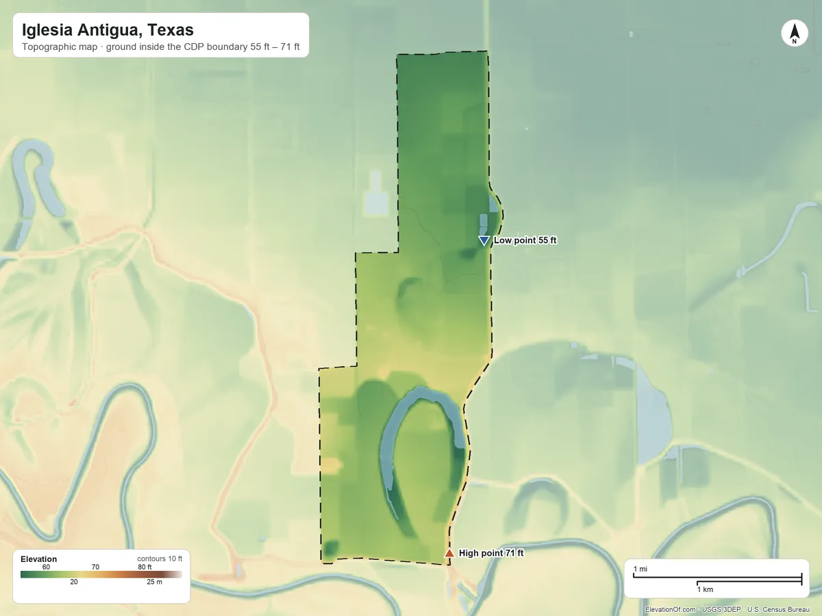Topographic elevation map of Iglesia Antigua, Texas, shaded from 55 ft near the middle to 71 ft on the south side
