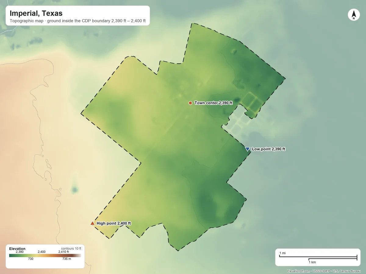 Topographic elevation map of Imperial, Texas, shaded from 2,390 ft on the southeast side to 2,400 ft on the southwest side
