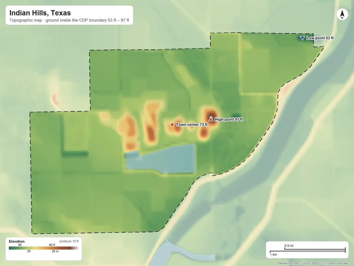 Topographic elevation map of Indian Hills, Texas, shaded from 53 ft on the northeast side to 97 ft on Harmony Hill