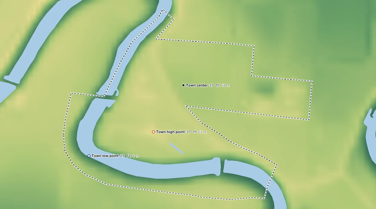 Topographic elevation map of Indian Lake, Texas, shaded from 25 ft on the southwest side to 37 ft on the southwest side