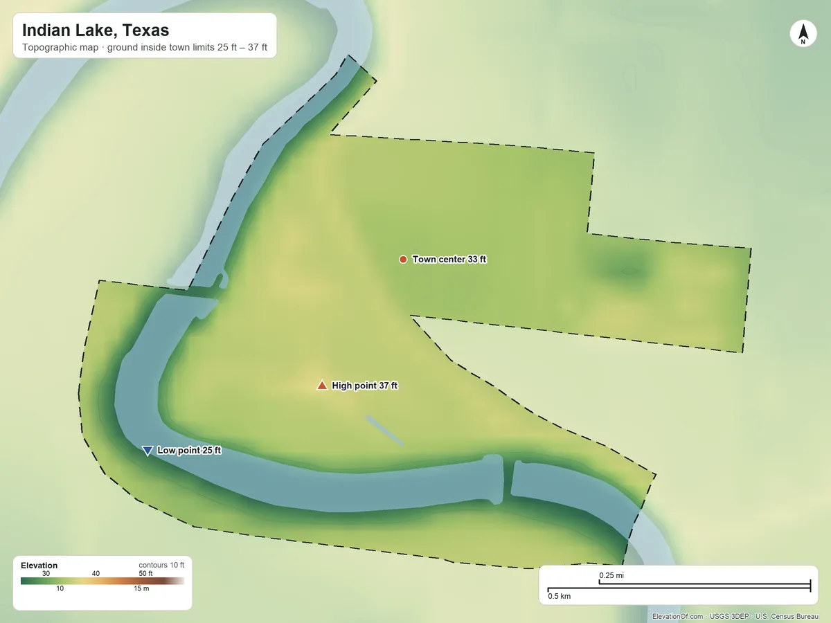 Topographic elevation map of Indian Lake, Texas, shaded from 25 ft on the southwest side to 37 ft on the southwest side