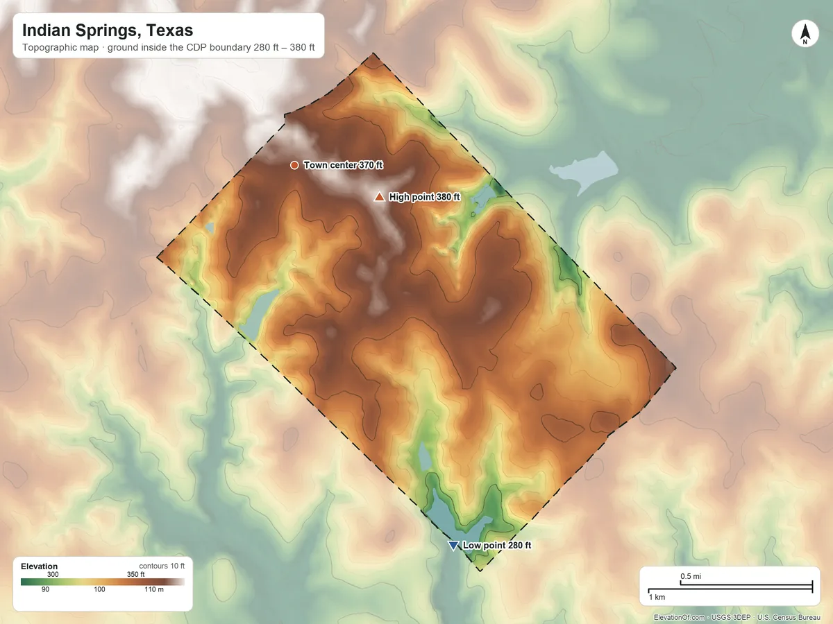 Topographic elevation map of Indian Springs, Texas, shaded from 280 ft on the southeast side to 380 ft on the east side