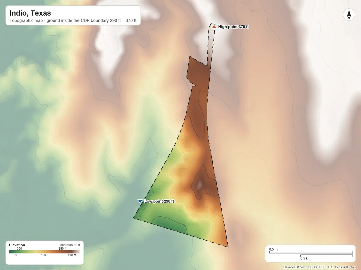 Topographic elevation map of Indio, Texas, shaded from 290 ft on the southwest side to 370 ft on the north side