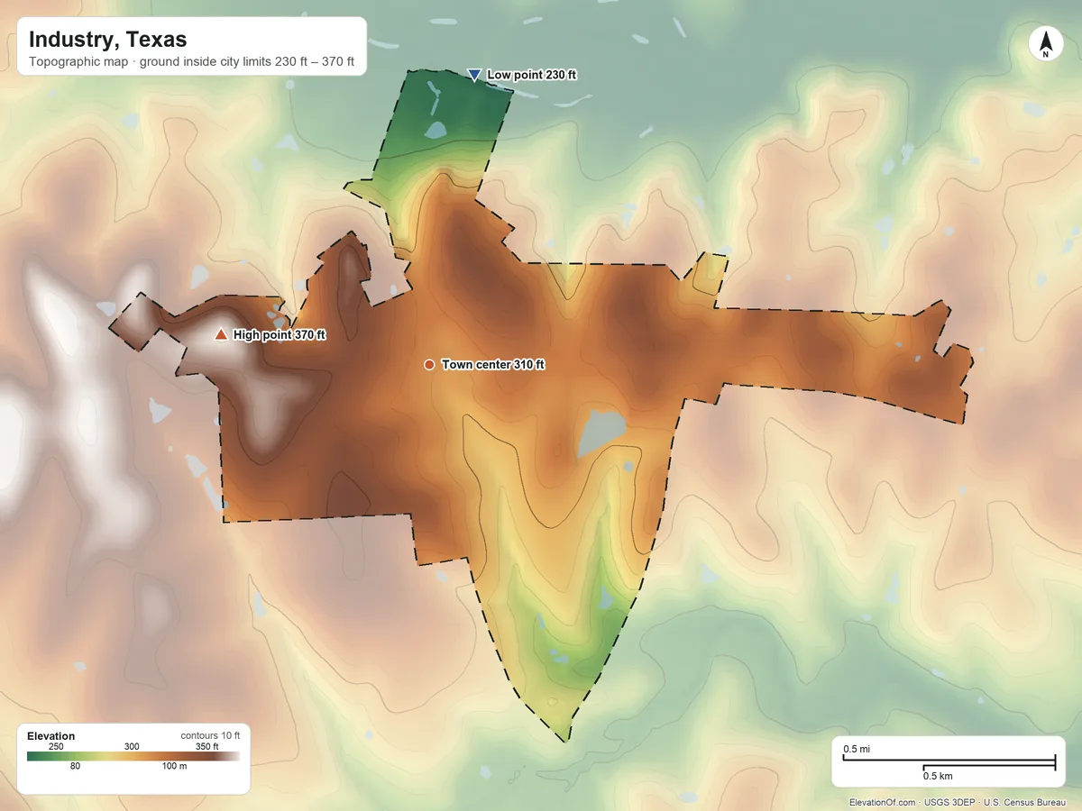 Topographic elevation map of Industry, Texas, shaded from 230 ft on the north side to 370 ft on the west side