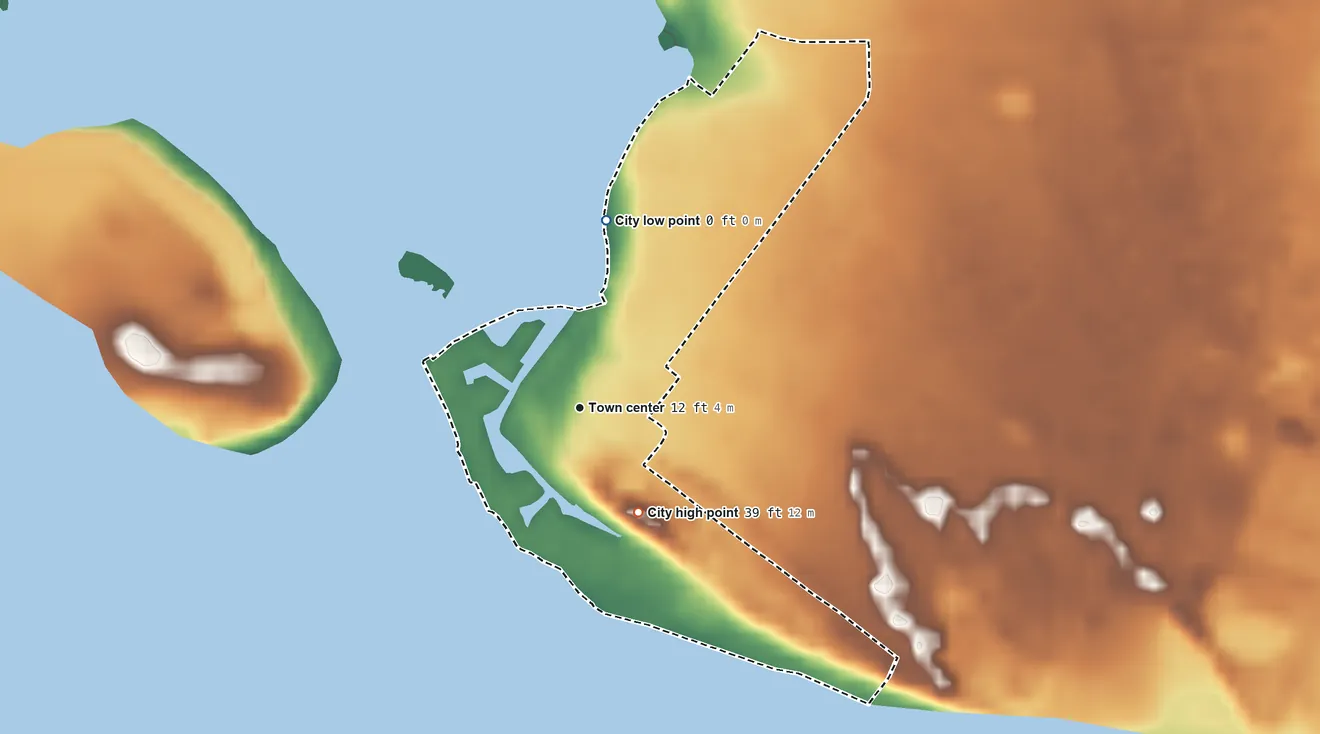 Topographic elevation map of Ingleside on the Bay, Texas, shaded from 0 ft on the north side to 39 ft on the southeast side