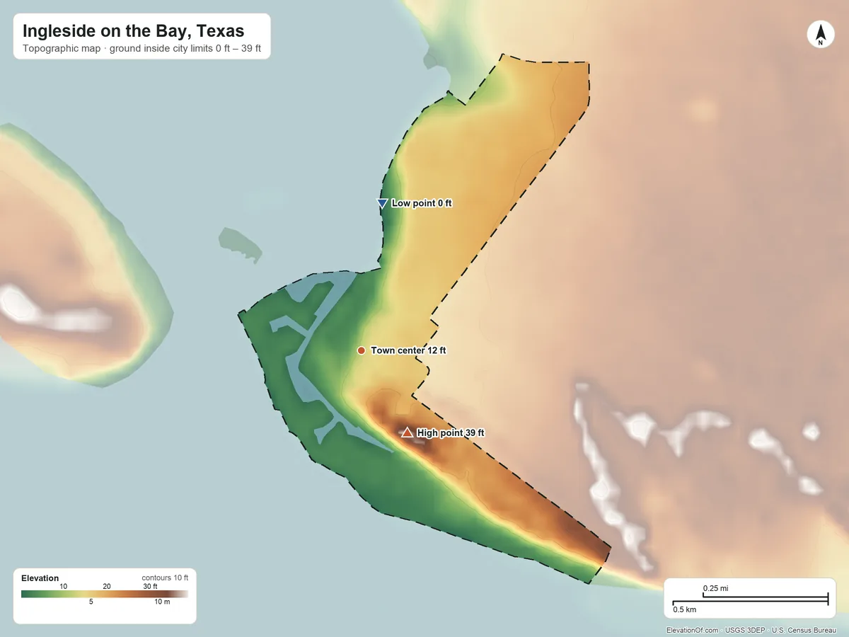 Topographic elevation map of Ingleside on the Bay, Texas, shaded from 0 ft on the north side to 39 ft on the southeast side