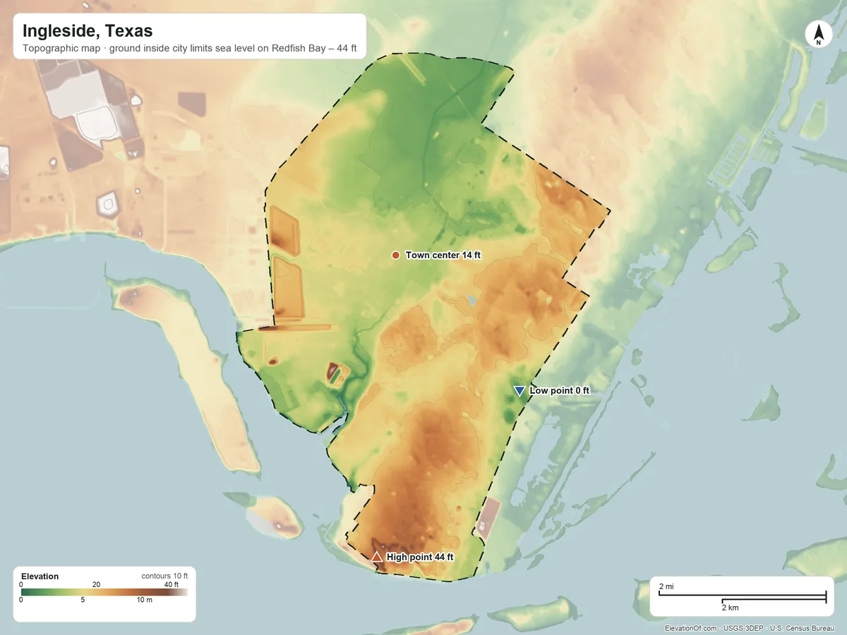 Topographic elevation map of Ingleside, Texas, shaded from sea level level on Redfish Bay to 44 ft on the south side