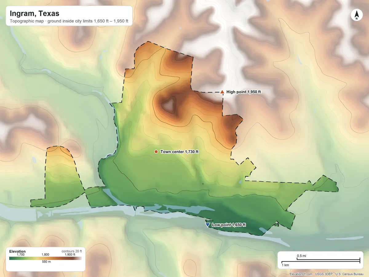 Topographic elevation map of Ingram, Texas, shaded from 1,650 ft on the southeast side to 1,950 ft on the northeast side