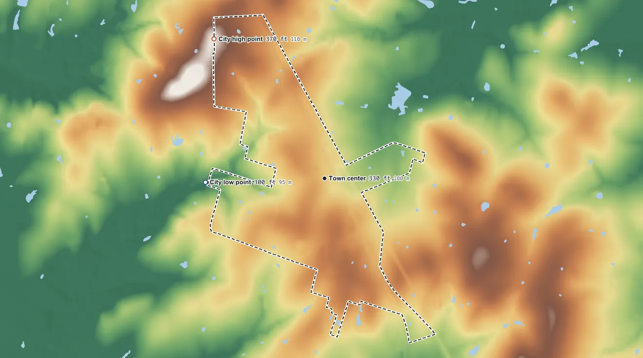 Topographic elevation map of Iola, Texas, shaded from 300 ft on the west side to 370 ft on the northwest side