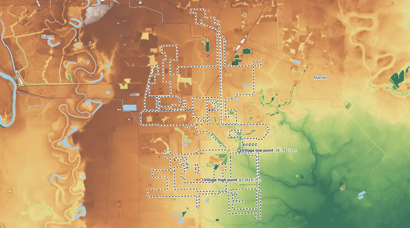 Topographic elevation map of Iowa Colony, Texas, shaded from 34 ft on the southeast side to 67 ft on the south side