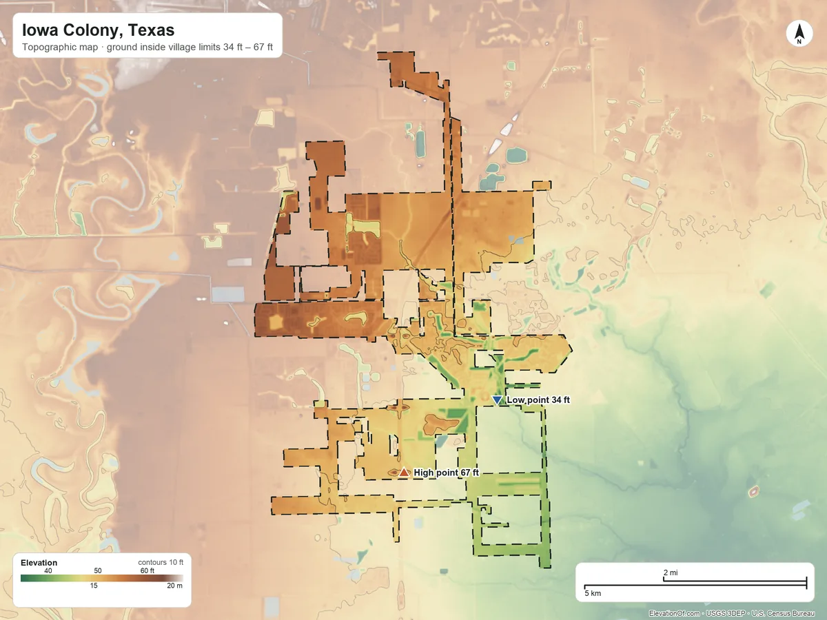 Topographic elevation map of Iowa Colony, Texas, shaded from 34 ft on the southeast side to 67 ft on the south side