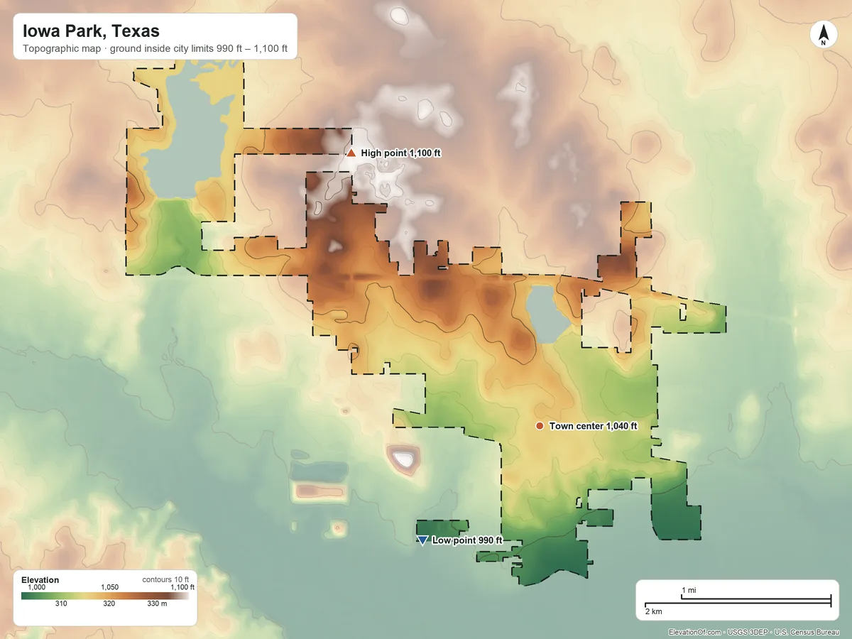 Topographic elevation map of Iowa Park, Texas, shaded from 990 ft on the southwest side to 1,100 ft on the northwest side