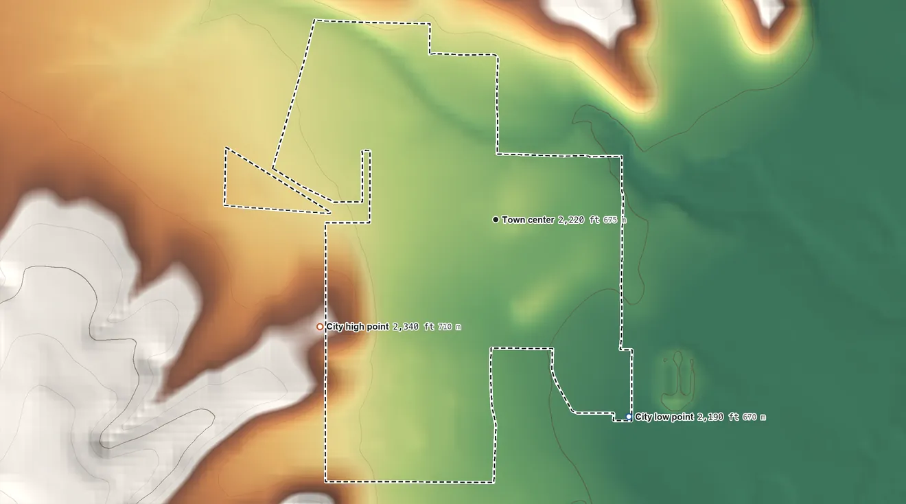 Topographic elevation map of Iraan, Texas, shaded from 2,190 ft on the southeast side to 2,340 ft on the southwest edge, below higher ground just outside
