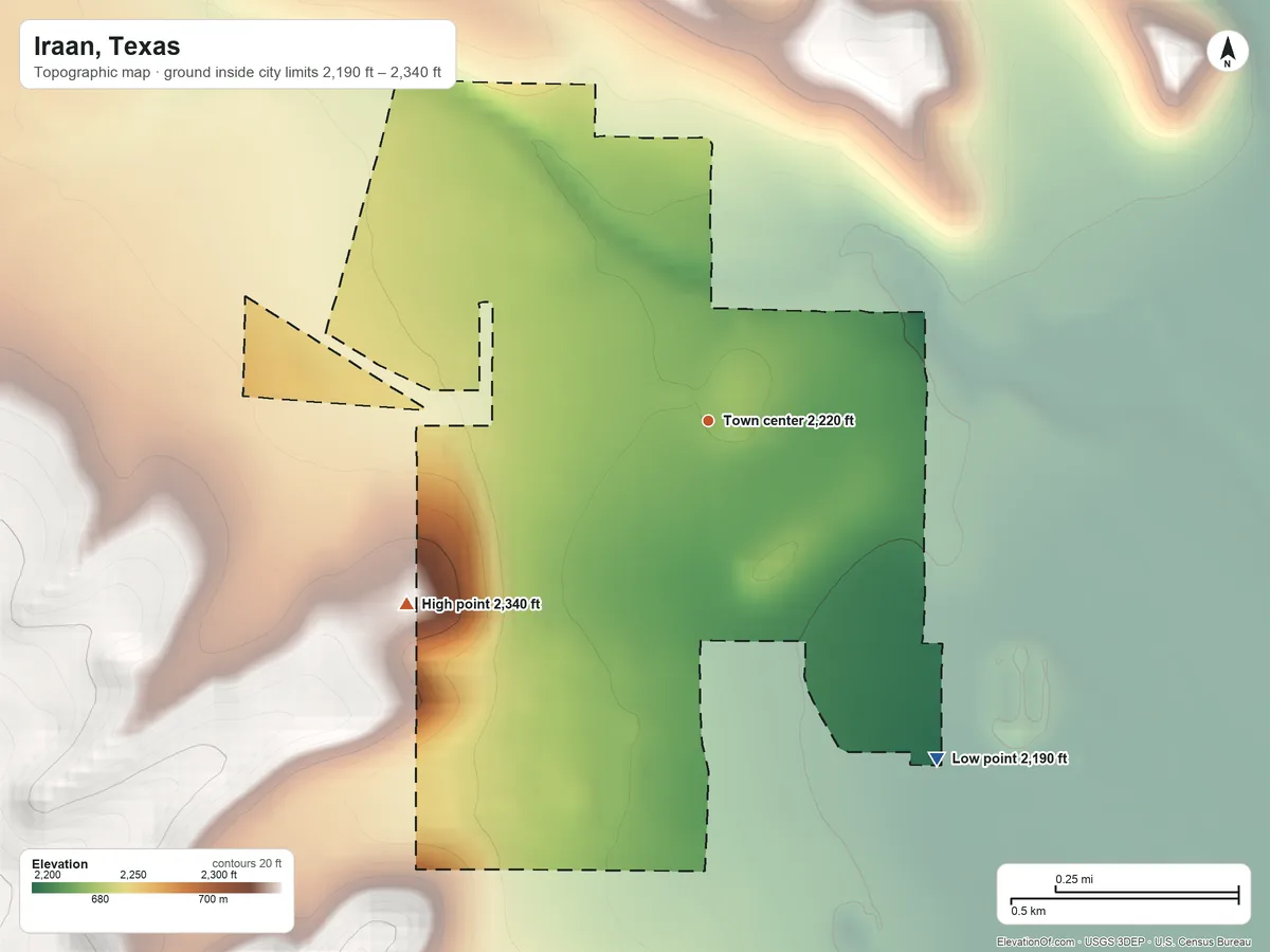 Topographic elevation map of Iraan, Texas, shaded from 2,190 ft on the southeast side to 2,340 ft on the southwest edge, below higher ground just outside