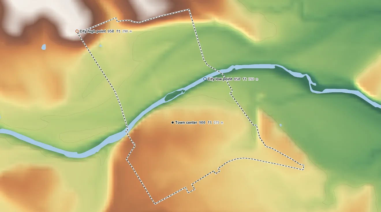Topographic elevation map of Iredell, Texas, shaded from 850 ft on the northeast side to 950 ft on the northwest side
