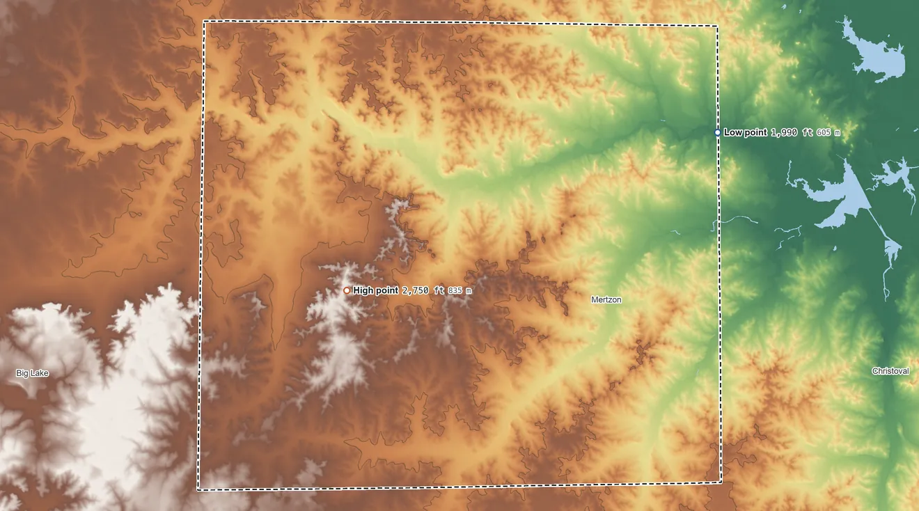 Topographic elevation map of Irion County, Texas, shaded from 1,990 ft on the northeast side to 2,750 ft on the west side