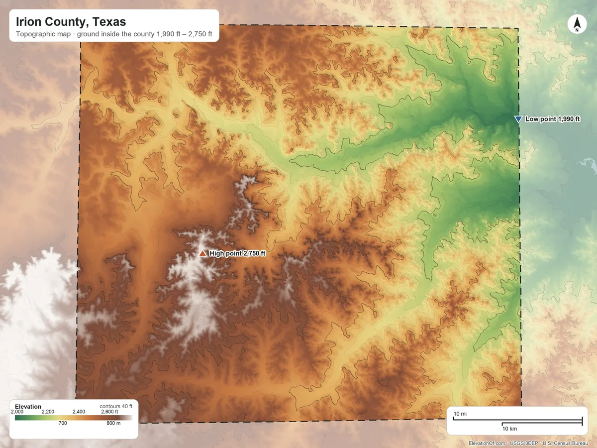 Topographic elevation map of Irion County, Texas, shaded from 1,990 ft on the northeast side to 2,750 ft on the west side
