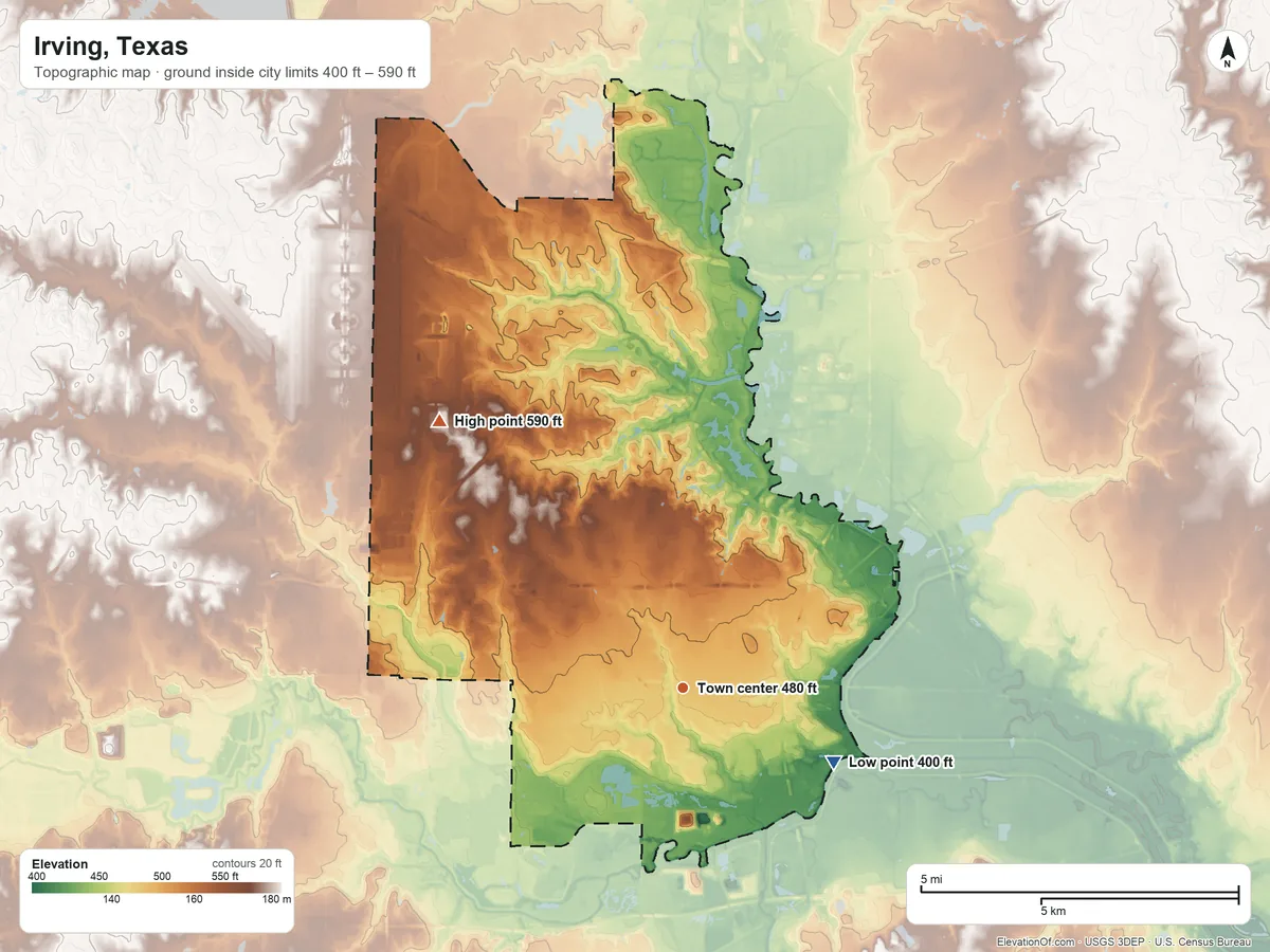 Topographic elevation map of Irving, Texas, shaded from 400 ft on the southeast side to 590 ft on the northwest side