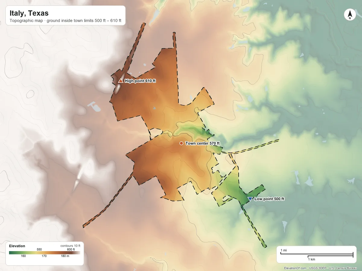 Topographic elevation map of Italy, Texas, shaded from 500 ft on the southeast side to 610 ft on the northwest side
