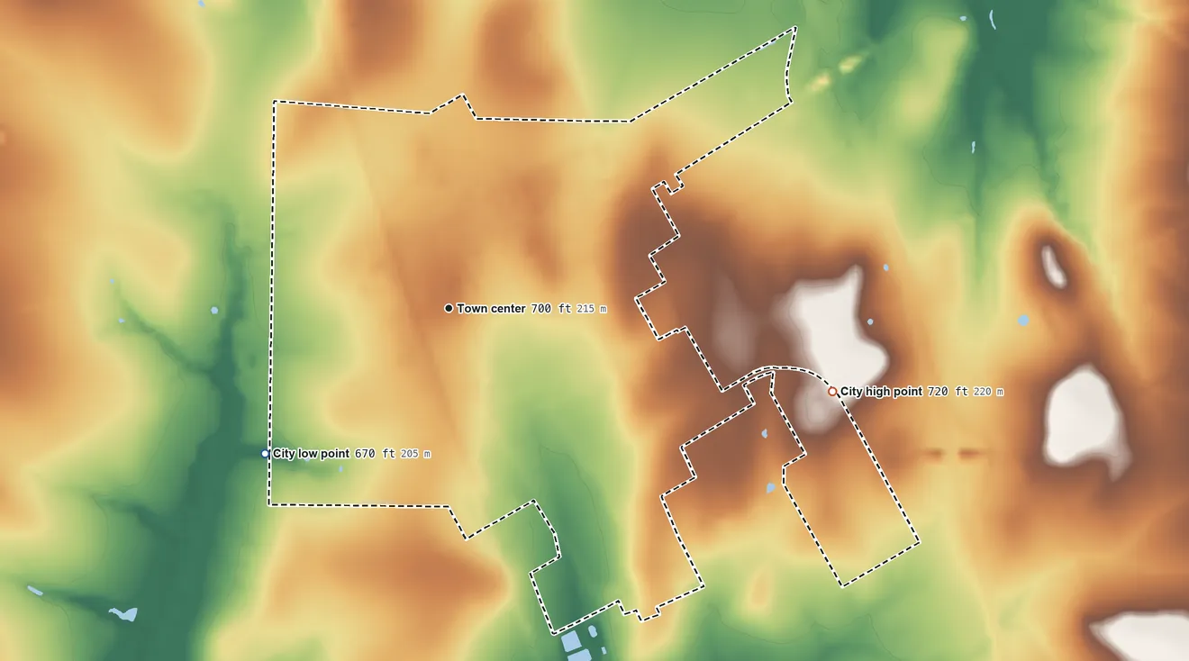 Topographic elevation map of Itasca, Texas, shaded from 670 ft on the southwest side to 720 ft on the east side