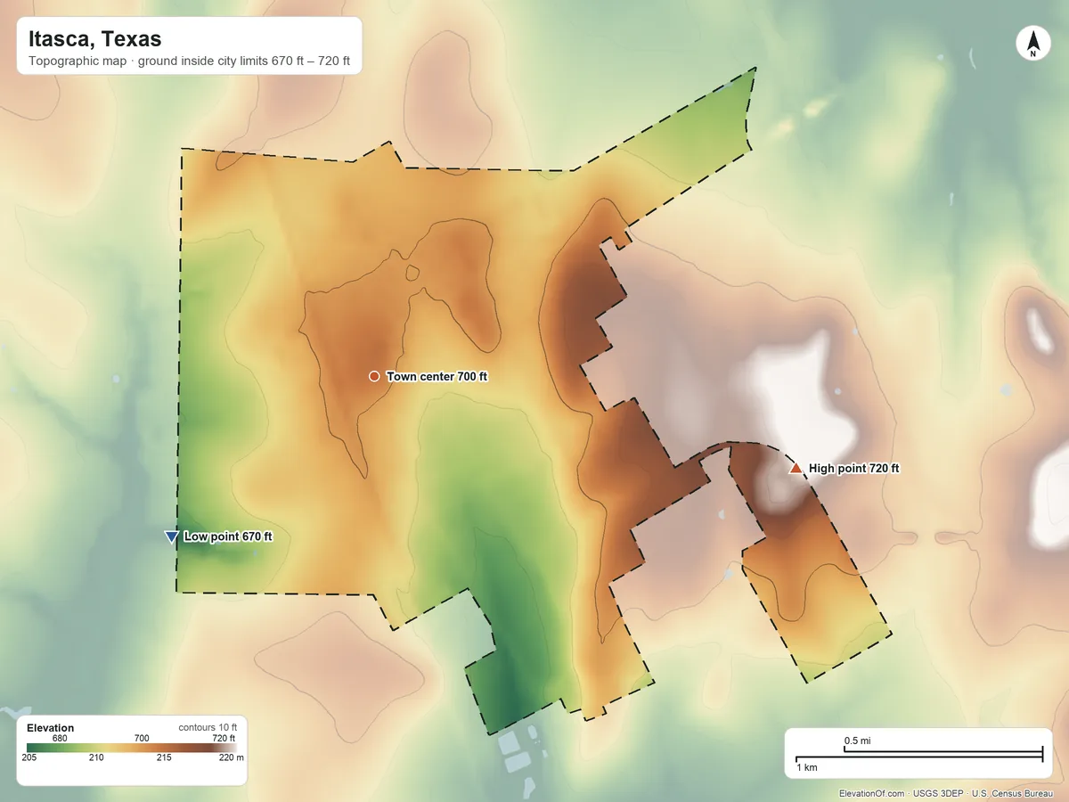 Topographic elevation map of Itasca, Texas, shaded from 670 ft on the southwest side to 720 ft on the east side