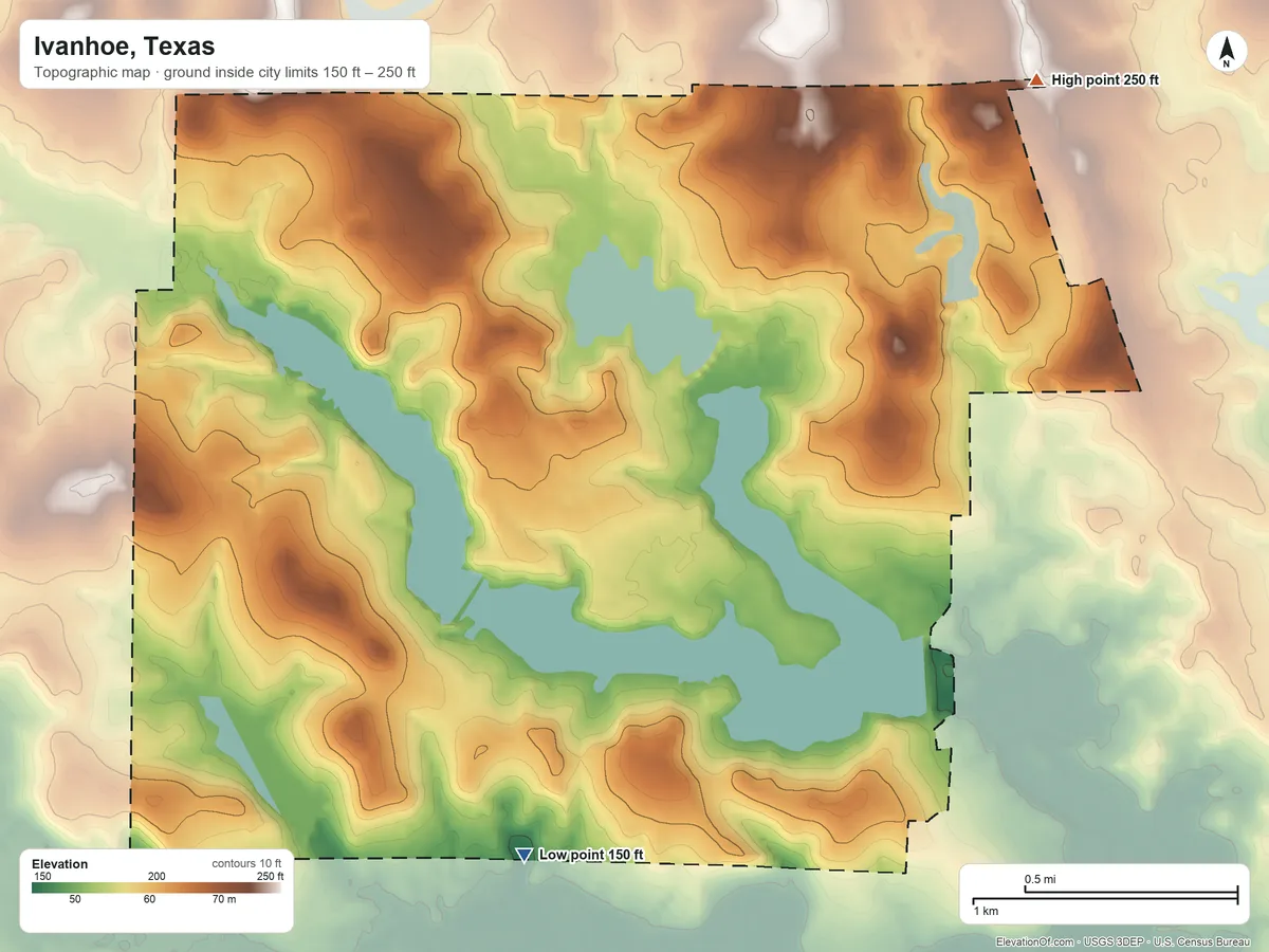Topographic elevation map of Ivanhoe, Texas, shaded from 150 ft on the south side to 250 ft on the northeast side