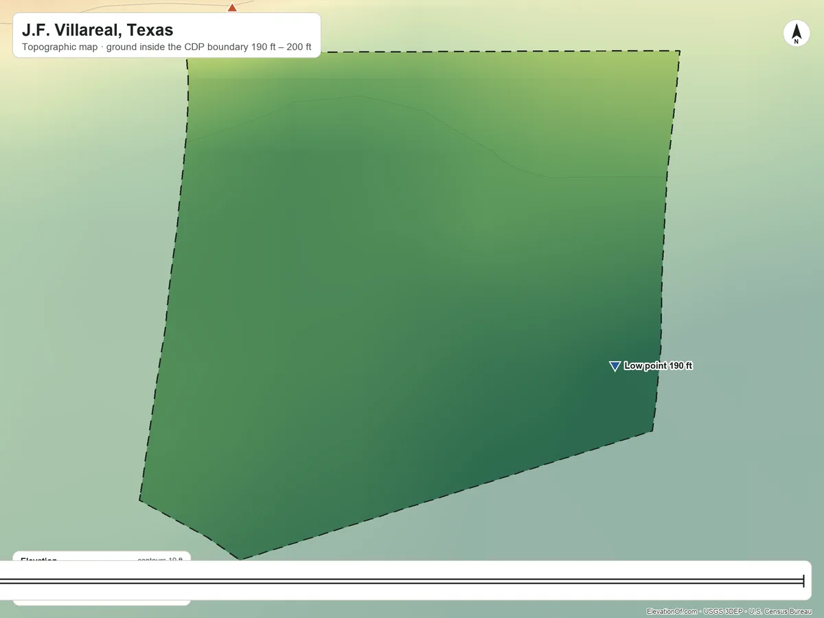 Topographic elevation map of J.F. Villareal, Texas, shaded from 190 ft on the east side to 200 ft on the northwest side