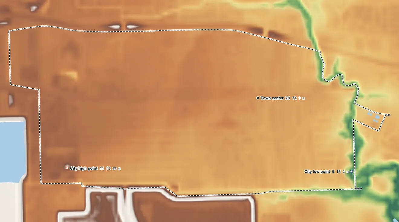 Topographic elevation map of Jacinto City, Texas, shaded from 6 ft on the southeast side to 44 ft on the west side