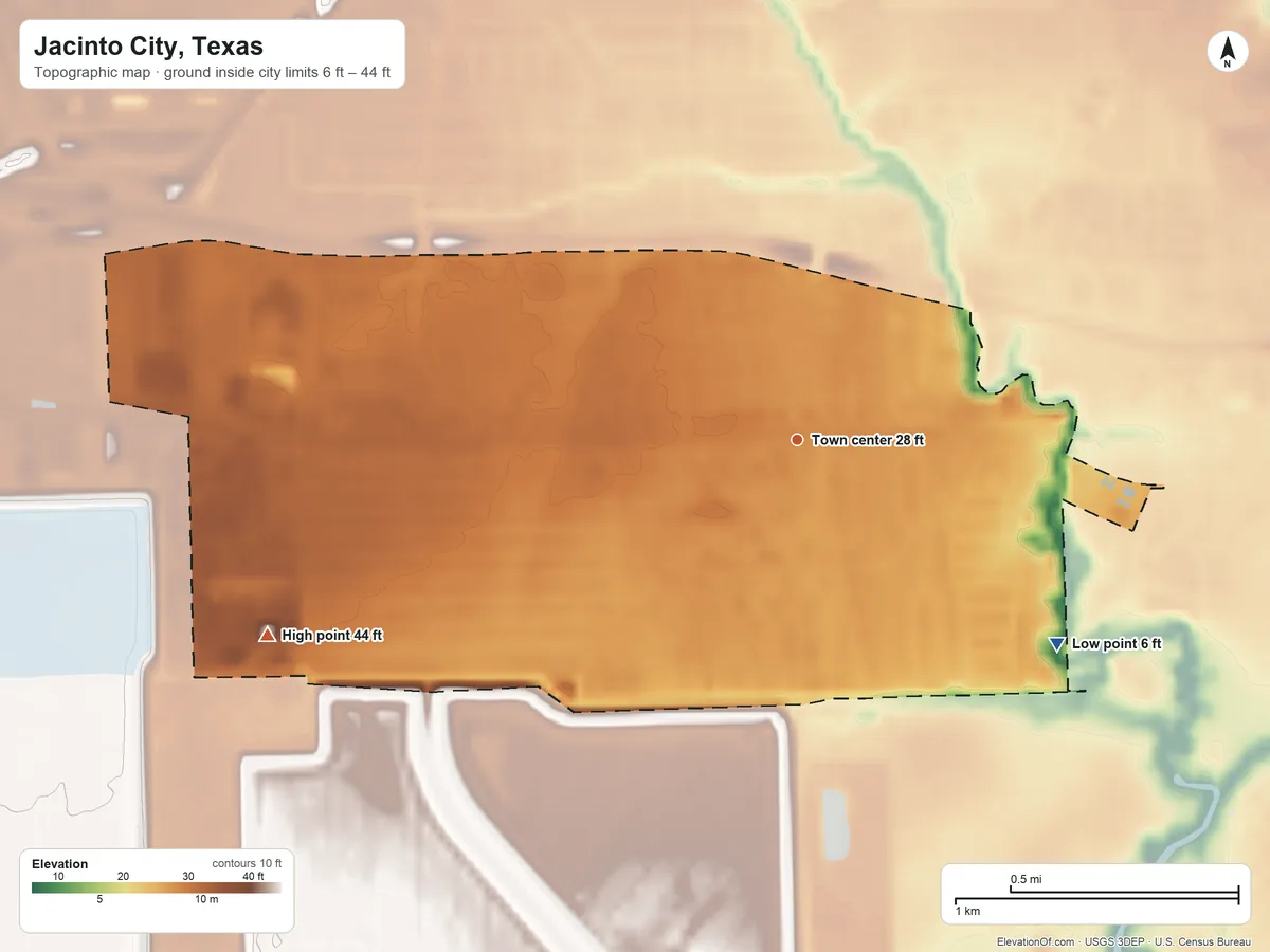 Topographic elevation map of Jacinto City, Texas, shaded from 6 ft on the southeast side to 44 ft on the west side