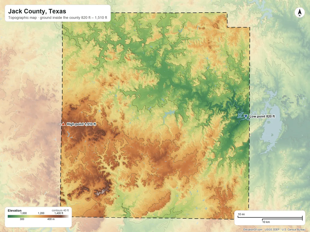 Topographic elevation map of Jack County, Texas, shaded from 820 ft on the east side to 1,510 ft on the west side