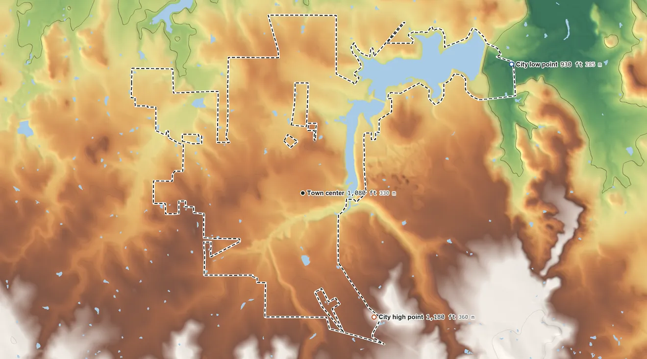Topographic elevation map of Jacksboro, Texas, shaded from 930 ft on the northeast side to 1,180 ft on the southeast side