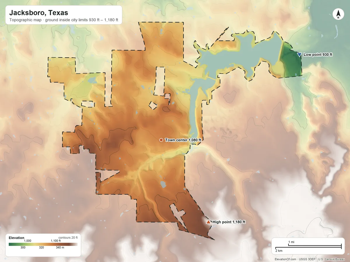 Topographic elevation map of Jacksboro, Texas, shaded from 930 ft on the northeast side to 1,180 ft on the southeast side