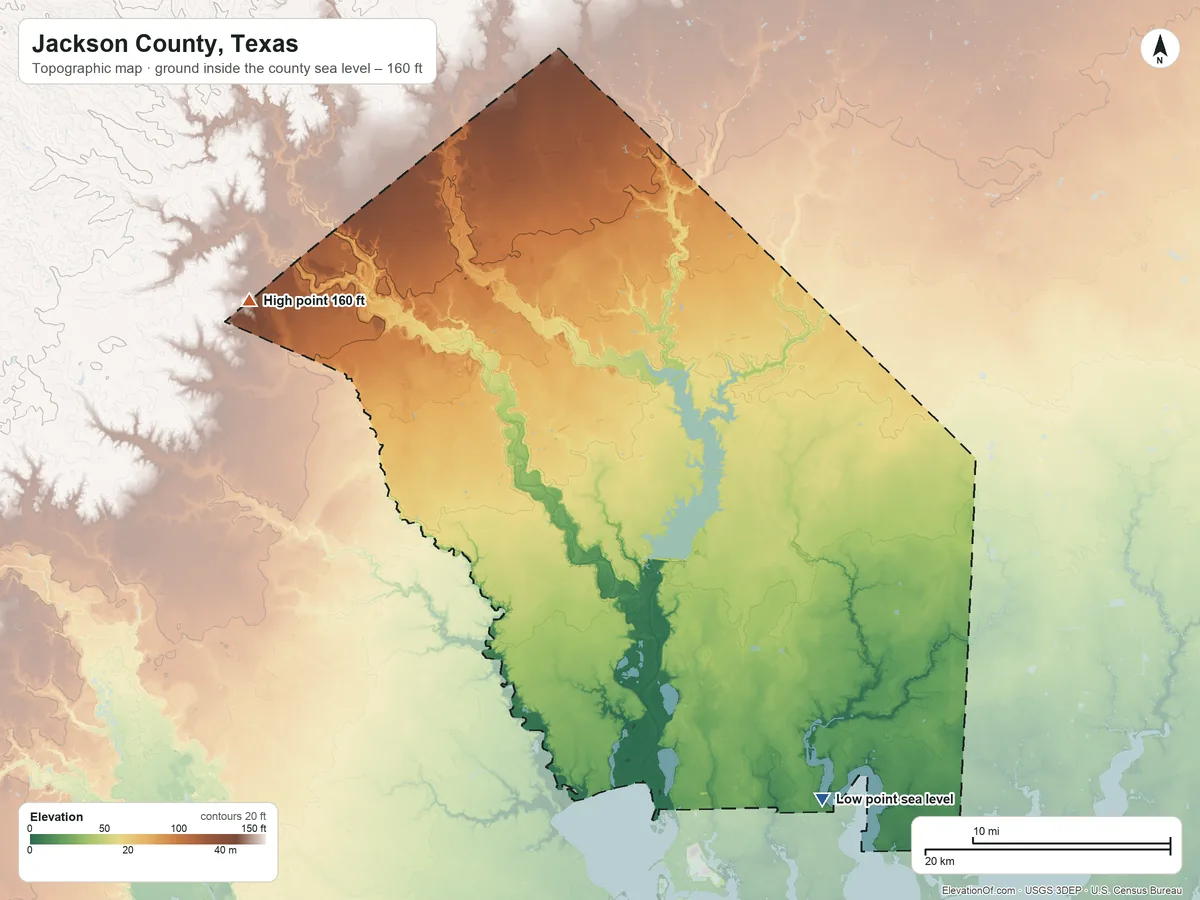 Topographic elevation map of Jackson County, Texas, shaded from sea level on Carancahua Bay to 160 ft on the northwest side