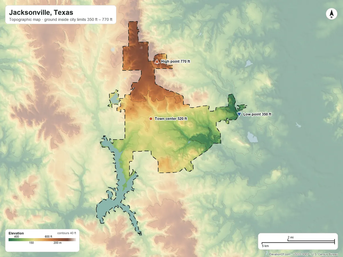 Topographic elevation map of Jacksonville, Texas, shaded from 350 ft on the east side to 770 ft on the north side