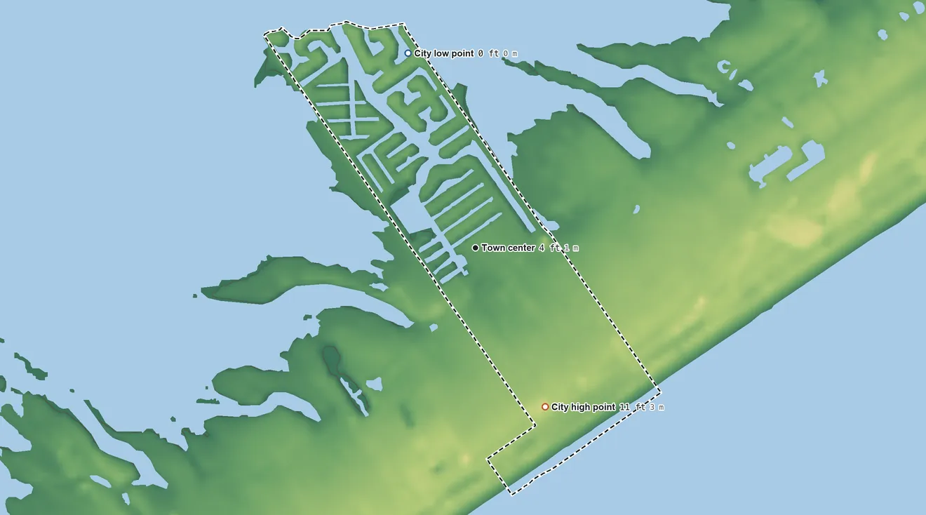 Topographic elevation map of Jamaica Beach, Texas, shaded from sea level level on West Bay to 11 ft on the southeast side